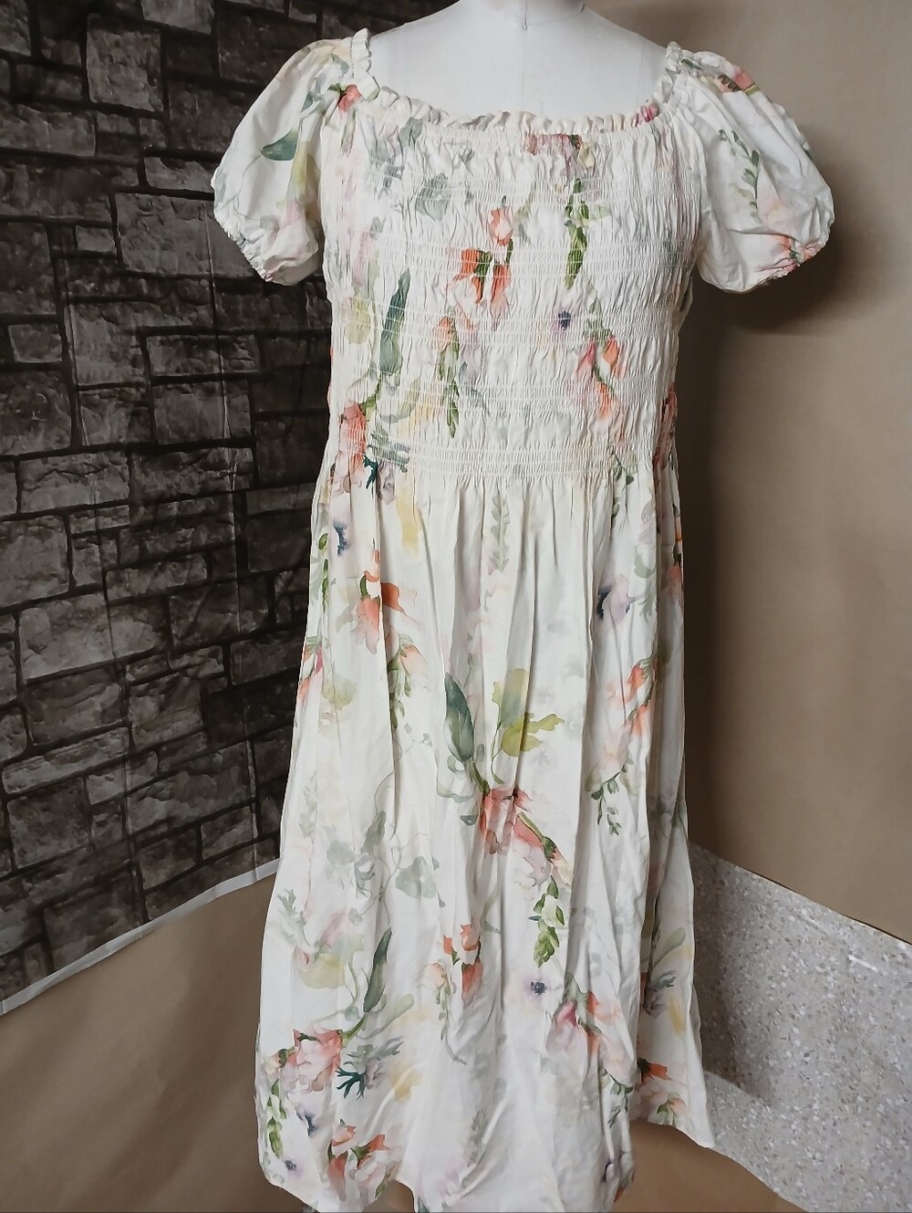 H&M Women's White Midi Dress with Pastel Floral Print